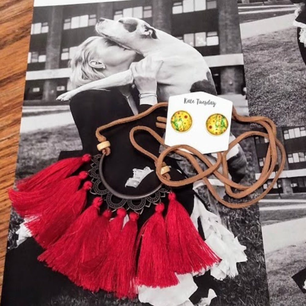 Red Tassel Necklace & Sunflower Earring Set